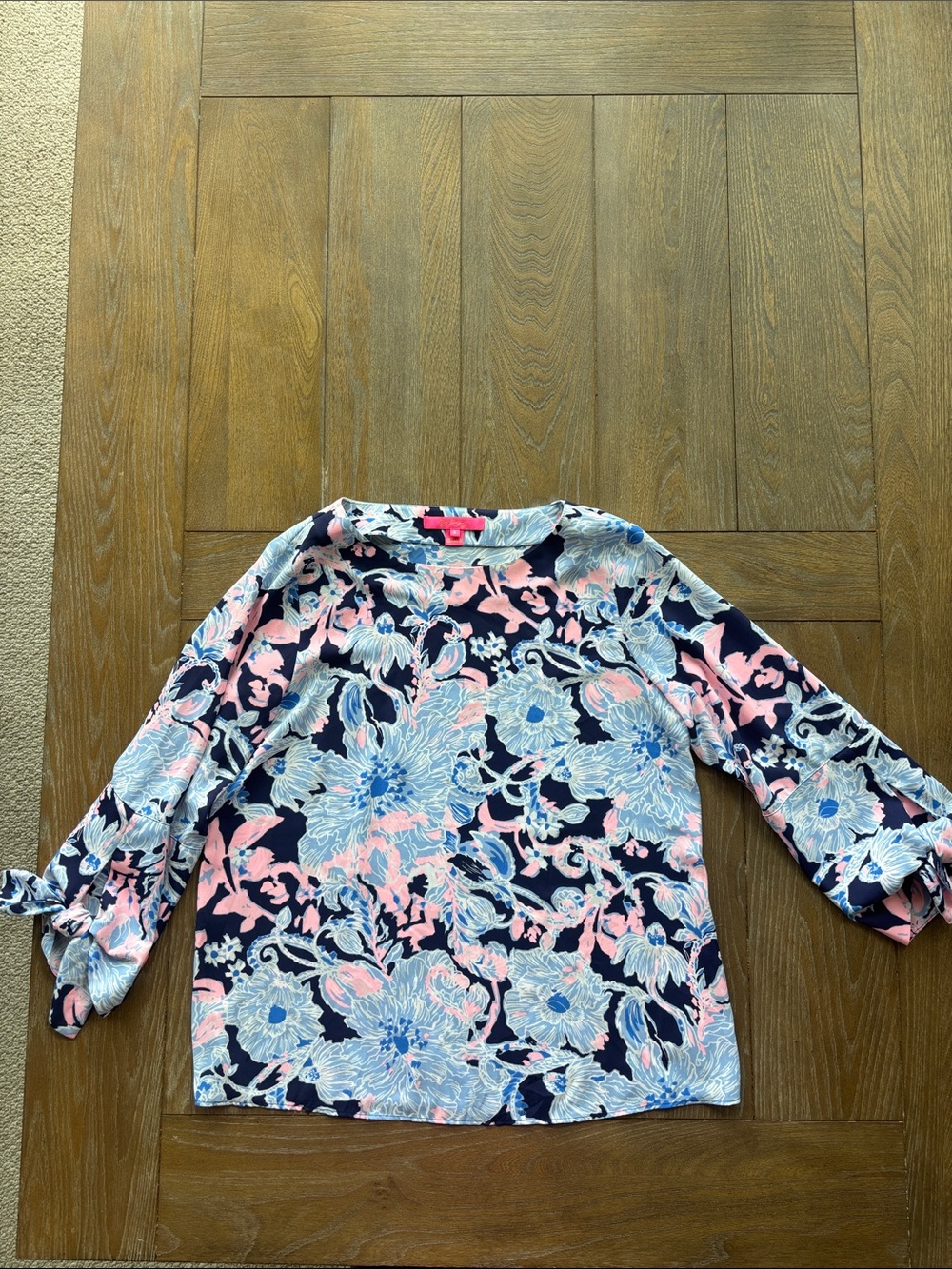 Lilly Pulitzer Navy Pink Blue Floral Tie-Sleeve Blouse